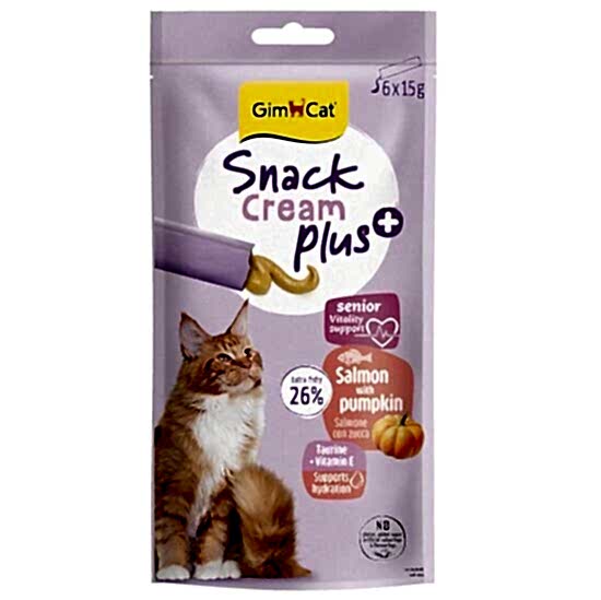 Gimcat Snack Cream Senior Somon ve Balkabaklı Ek Besin Yaşlı Kedi Ödülü 6 x 15 Gr - 1